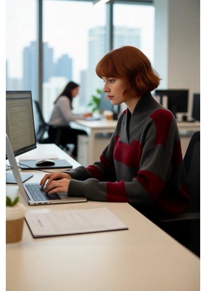 Kadınlara Özel Uzun Kollu Oversize Kesim V Yaka Çizgili Triko Kazak Kışlık Kombinlerin Gözdesi fırsatları