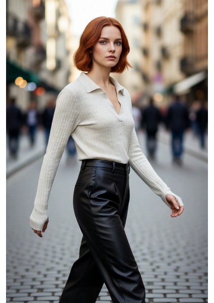 Kadınlara Özel Basic Regular Kesim Polo Yaka Fitilli Triko Kazak Modern ve Konforlu Stil Kaliteli modelleri