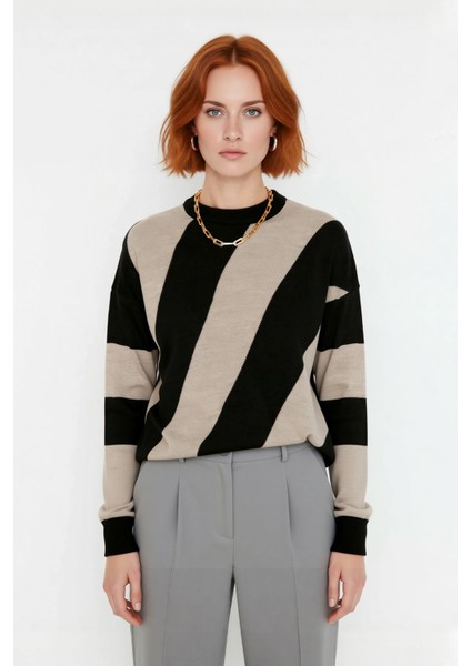 Kadın Düşük Kol Bisiklet Yaka Triko Kazak Renk Bloklu Tasarımıyla Kış Kombinleri Için Kaliteli