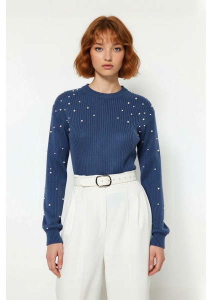 Kadın Inci Detaylı Bisiklet Yaka Regular Kalıp Düşük Kol Fitilli Triko Kazak Günlük Şıklık