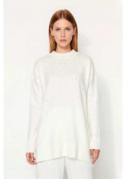 Kadın Şık Inci Detaylı Uzun Triko Kazak Relaxed Kalıp Bisiklet Yaka Balon Kol Kışlık Kaliteli