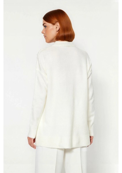 Kadın Şık Inci Detaylı Uzun Triko Kazak Relaxed Kalıp Bisiklet Yaka Balon Kol Kışlık Kaliteli fiyatları