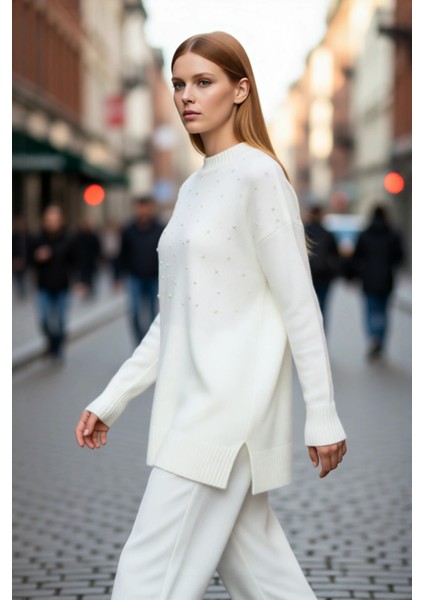 Kadın Şık Inci Detaylı Uzun Triko Kazak Relaxed Kalıp Bisiklet Yaka Balon Kol Kışlık Kaliteli modelleri