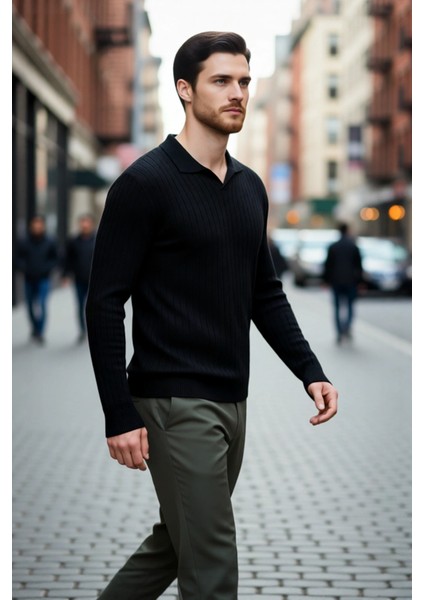 Erkek Düz Desen Fitted Polo Yaka Akrilik Triko Kazak Günlük Kullanım Için Rahat ve Modern Kaliteli fırsatları