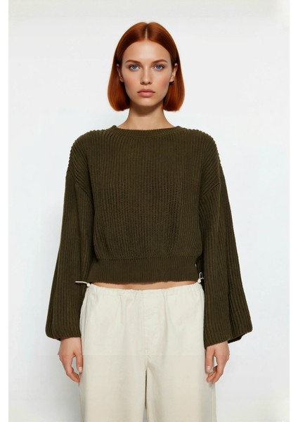 Kadın Gri Oversize Selanik Dokuma Bisiklet Yaka Ispanyol Kol Crop Akrilik Triko Kazak Kaliteli fiyatları