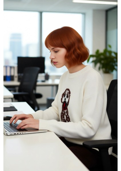 Genç Kadın Rahat Kesim Intersia Dokuma Köpek Nakışlı Bisiklet Yaka Triko Kazak Trend Stil Kaliteli fırsatları