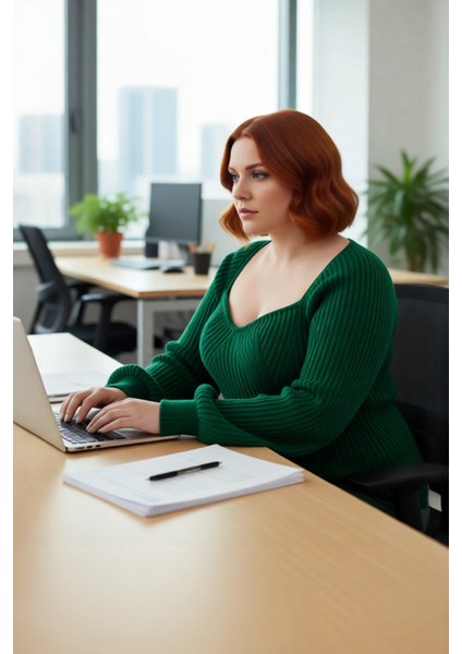 Kadın Düz Desen Fitilli Akrilik Triko Kazak Kalp Yaka Uzun Reglan Kol Kışlık Günlük Şıklık