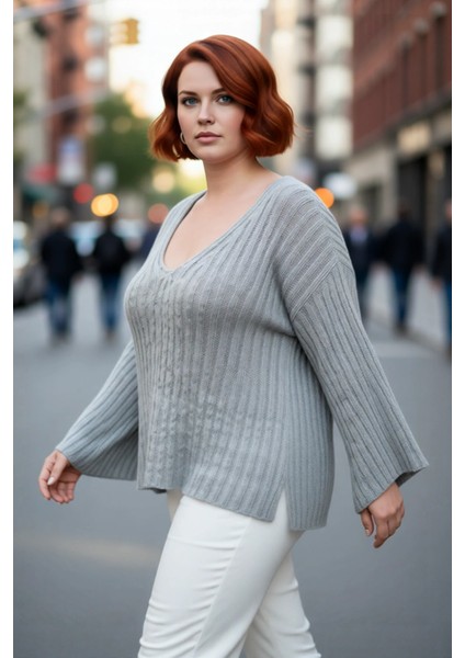 Kadın Rahat Düşük Kol V Yaka Triko Kazak Şık Düz Fitilli Regular Kalıp Ilkbahar Sonbahar Kombini fırsatları