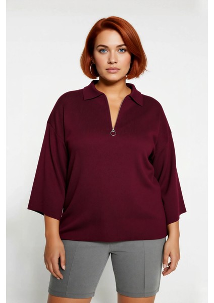 Kadın Polo Yaka Fermuar Detaylı Relaxed Kesim Düşük Kol Truvakar Triko Kazak Büyük Beden Kaliteli fiyatları