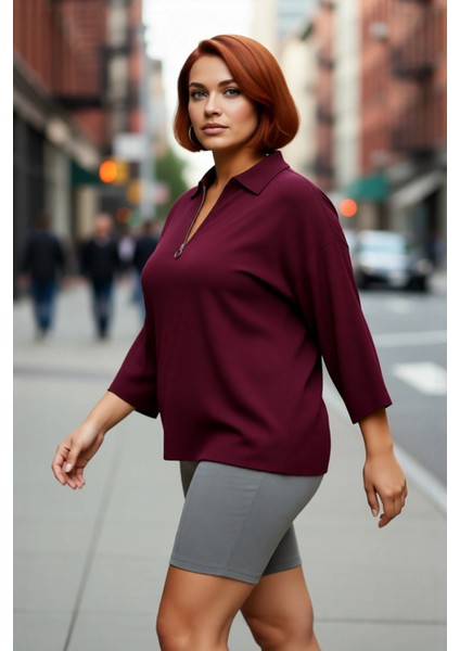 Kadın Polo Yaka Fermuar Detaylı Relaxed Kesim Düşük Kol Truvakar Triko Kazak Büyük Beden Kaliteli fırsatları