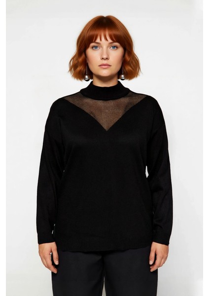 Kadın Ince Dik Yaka Uzun Kollu Triko Kazak Tül Detaylı Düz Desen Şık ve Özel Anlar Için Harika fiyatları