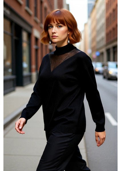 Kadın Ince Dik Yaka Uzun Kollu Triko Kazak Tül Detaylı Düz Desen Şık ve Özel Anlar Için Harika fırsatları