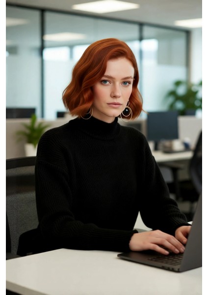 Kadın Oversize Kışlık Triko Kazak Dik Yaka Balon Kol Detaylı Zigzag Desenli Günlük Şıklık Kaliteli