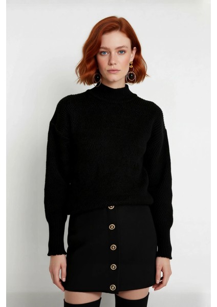 Kadın Oversize Kışlık Triko Kazak Dik Yaka Balon Kol Detaylı Zigzag Desenli Günlük Şıklık Kaliteli fiyatları