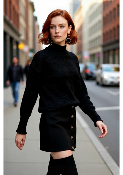 Kadın Oversize Kışlık Triko Kazak Dik Yaka Balon Kol Detaylı Zigzag Desenli Günlük Şıklık Kaliteli fırsatları