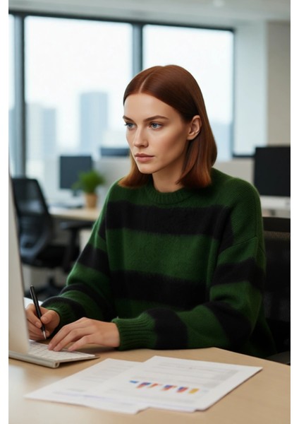 Kadın Düşük Kol Çizgili Triko Kazak Modern Oversize Kesim Günlük Şıklık Için Sonbahar Kış Kaliteli