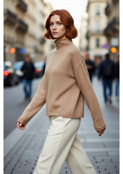 Kadın Triko Oversize Dik Yaka Kazak Uzun Düşük Kol Kışlık ve Sonbaharlık Günlük Şık Giyim Kaliteli fırsatları