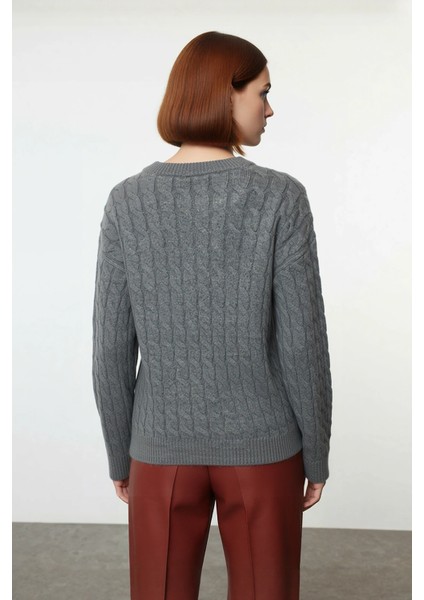 Kadınlara Özel Yumuşak Dokulu Antrasit Regular Kesim Saç Örgü Uzun Kollu Triko Kazak Kaliteli modelleri