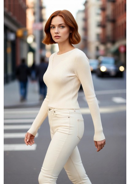 Kadın Bisiklet Yaka Iç Içe Görünümlü Fitted Triko Bluz Uzun Kollu Gündelik Şıklık Için Ideal Seçim fırsatları
