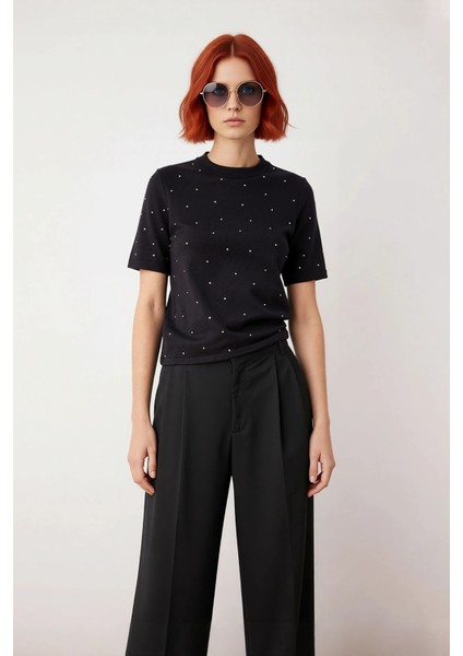 Kadın Günlük Şık Regular Kesim Taş Detaylı Kısa Kol Bisiklet Yaka Triko Bluz Ilkbahar Için fiyatları