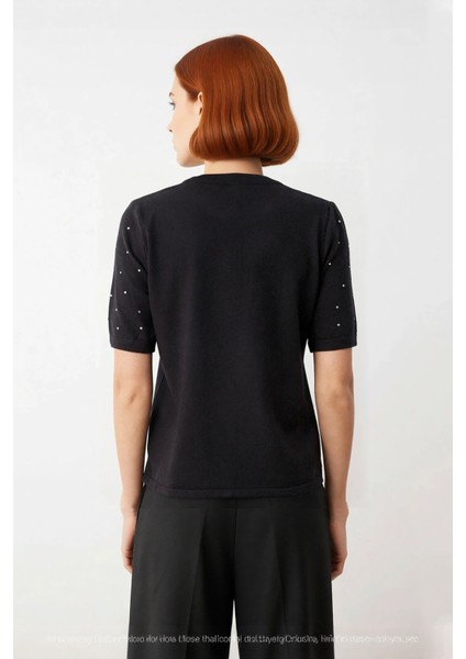 Kadın Günlük Şık Regular Kesim Taş Detaylı Kısa Kol Bisiklet Yaka Triko Bluz Ilkbahar Için modelleri