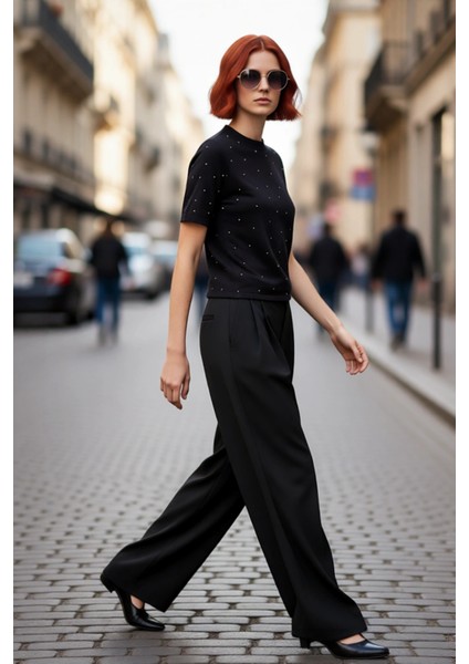 Kadın Günlük Şık Regular Kesim Taş Detaylı Kısa Kol Bisiklet Yaka Triko Bluz Ilkbahar Için fırsatları