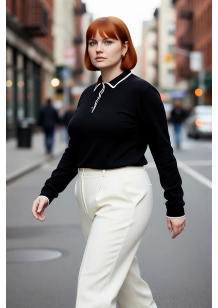 Kadın Siyah Polo Yaka Triko Kazak Regular Kalıp Uzun Kollu Orta Kalınlık Kışlık Günlük Şıklık fırsatları