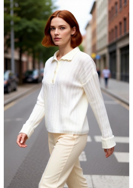 Kadın Casual Fitilli Triko Kazak Orta Kalınlık Dik Yaka Düşük Kol Rahat ve Trend Kış Stili fırsatları