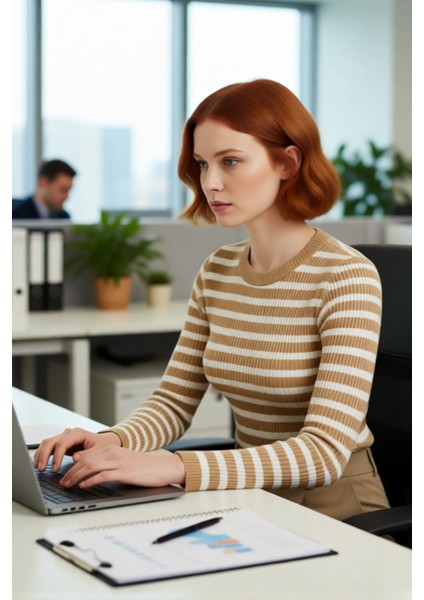 Kadın Casual Çizgili Bisiklet Yaka Fitted Akrilik Uzun Kol Triko Basic Günlük Kazak Kaliteli