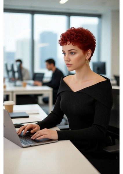 Kadın Modern Fitted Triko Bluz Devrik Carmen Yaka Ince Fitilli Dokuma Uzun Kol Crop Tasarım