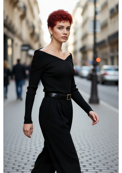 Kadın Modern Fitted Triko Bluz Devrik Carmen Yaka Ince Fitilli Dokuma Uzun Kol Crop Tasarım fırsatları