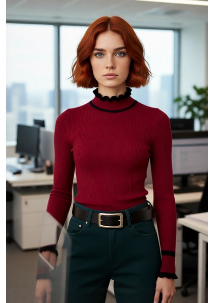 Kadın Akrilik Dokuma Dik Yaka Fitilli Triko Kazak Kış Sezonu Için Özel Tasarım Rahat ve Şık Görünüm