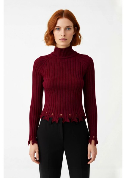 Kadınlara Özel Fitted Kesimli Crop Dik Yaka Uzun Kollu Fitilli Triko Kazak Günlük Stil Için
