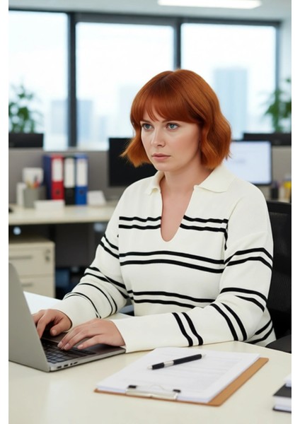 Kadın Triko Çizgili Polo Yaka Kazak Relaxed Kesimiyle Konforlu ve Şık Bir Kış Kombini Yaratır