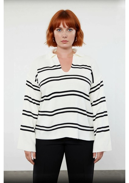 Kadın Triko Çizgili Polo Yaka Kazak Relaxed Kesimiyle Konforlu ve Şık Bir Kış Kombini Yaratır fiyatları