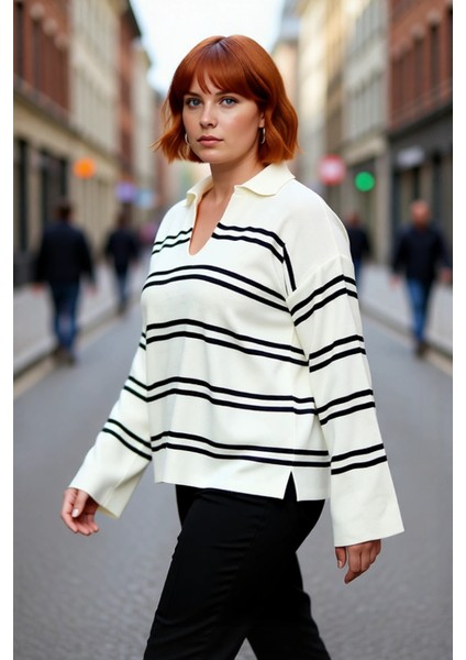 Kadın Triko Çizgili Polo Yaka Kazak Relaxed Kesimiyle Konforlu ve Şık Bir Kış Kombini Yaratır fırsatları