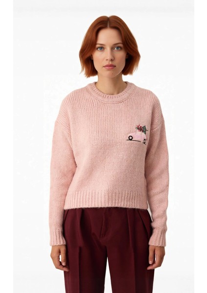 Kadın Rahat Kesim Yılbaşı Desenli Düşük Omuz Bisiklet Yaka Crop Triko Kazak Modeli Kaliteli fiyatları