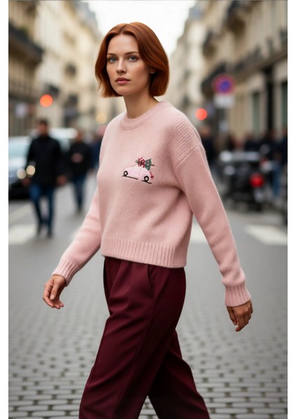 Kadın Rahat Kesim Yılbaşı Desenli Düşük Omuz Bisiklet Yaka Crop Triko Kazak Modeli Kaliteli fırsatları