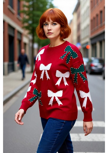 Kadın Yılbaşı Temalı Incili Fiyonk Desenli Bisiklet Yaka Uzun Kol Kalın Regular Fit Akrilik Kazak fırsatları