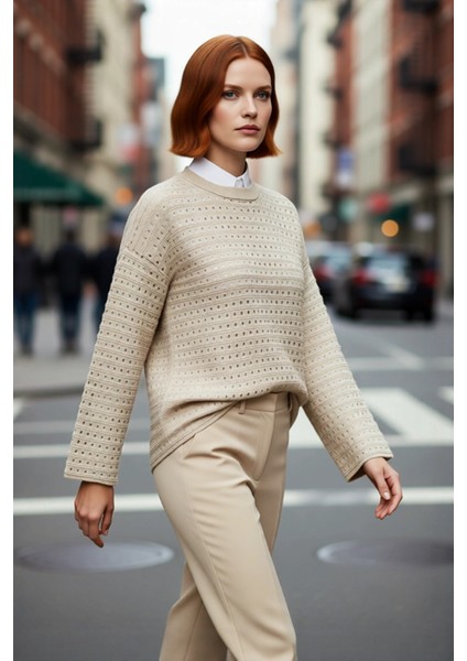 Kadın Basic Ajurlu Regular Kalıp Bisiklet Yaka Uzun Kollu Orta Kalın Triko Kazak Kaliteli Şık fırsatları