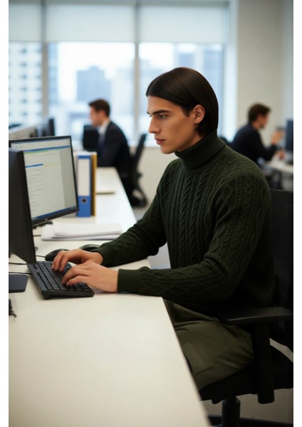 Erkek Balıkçı Yaka Saç Örgü Desenli Kalın Triko Fitted Kalıp Standart Kol Günlük Kazak Kaliteli