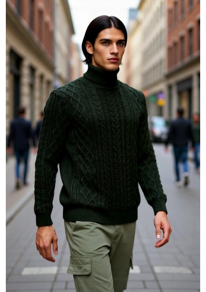 Erkek Balıkçı Yaka Saç Örgü Desenli Kalın Triko Fitted Kalıp Standart Kol Günlük Kazak Kaliteli fırsatları