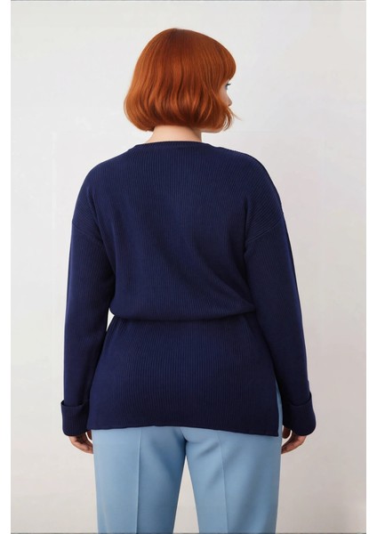 Kadın Tunik Siluet Beli Kuşaklı Düz Desen Bisiklet Yaka Uzun Kollu Relaxed Triko Kazak Kış Için modelleri