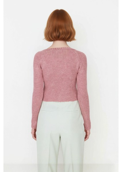 Kadın Super Crop Boy Triko V Yaka Kazak Fitted Kesim Reglan Kol Fitilli Doku Basic Tarz Casual modelleri