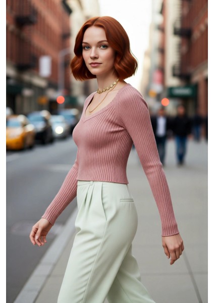 Kadın Super Crop Boy Triko V Yaka Kazak Fitted Kesim Reglan Kol Fitilli Doku Basic Tarz Casual fırsatları