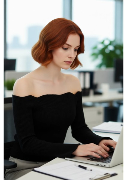 Kadın Carmen Yaka Uzun Kollu Fitted Akrilik Triko Üst Gündüz Gece Basic Fitilli Dokuma Kombin