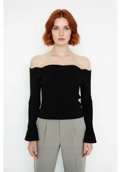 Kadın Carmen Yaka Uzun Kollu Fitted Akrilik Triko Üst Gündüz Gece Basic Fitilli Dokuma Kombin fiyatları