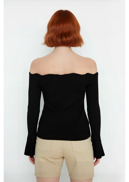 Kadın Carmen Yaka Uzun Kollu Fitted Akrilik Triko Üst Gündüz Gece Basic Fitilli Dokuma Kombin modelleri