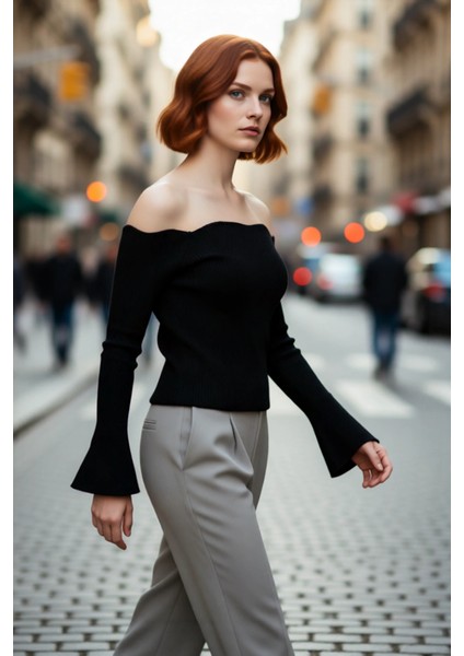 Kadın Carmen Yaka Uzun Kollu Fitted Akrilik Triko Üst Gündüz Gece Basic Fitilli Dokuma Kombin fırsatları