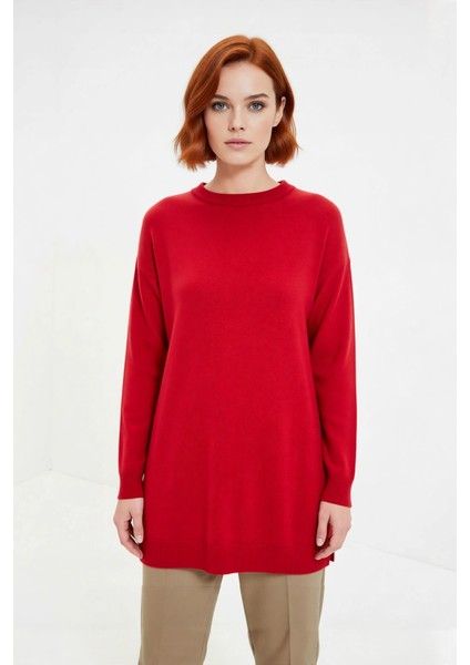 Kadın Relaxed Kalıp Bisiklet Yaka Triko Tunik Düşük Kol Düz Desenli Akrilik Materyal Yırtmaç Detaylı fiyatları